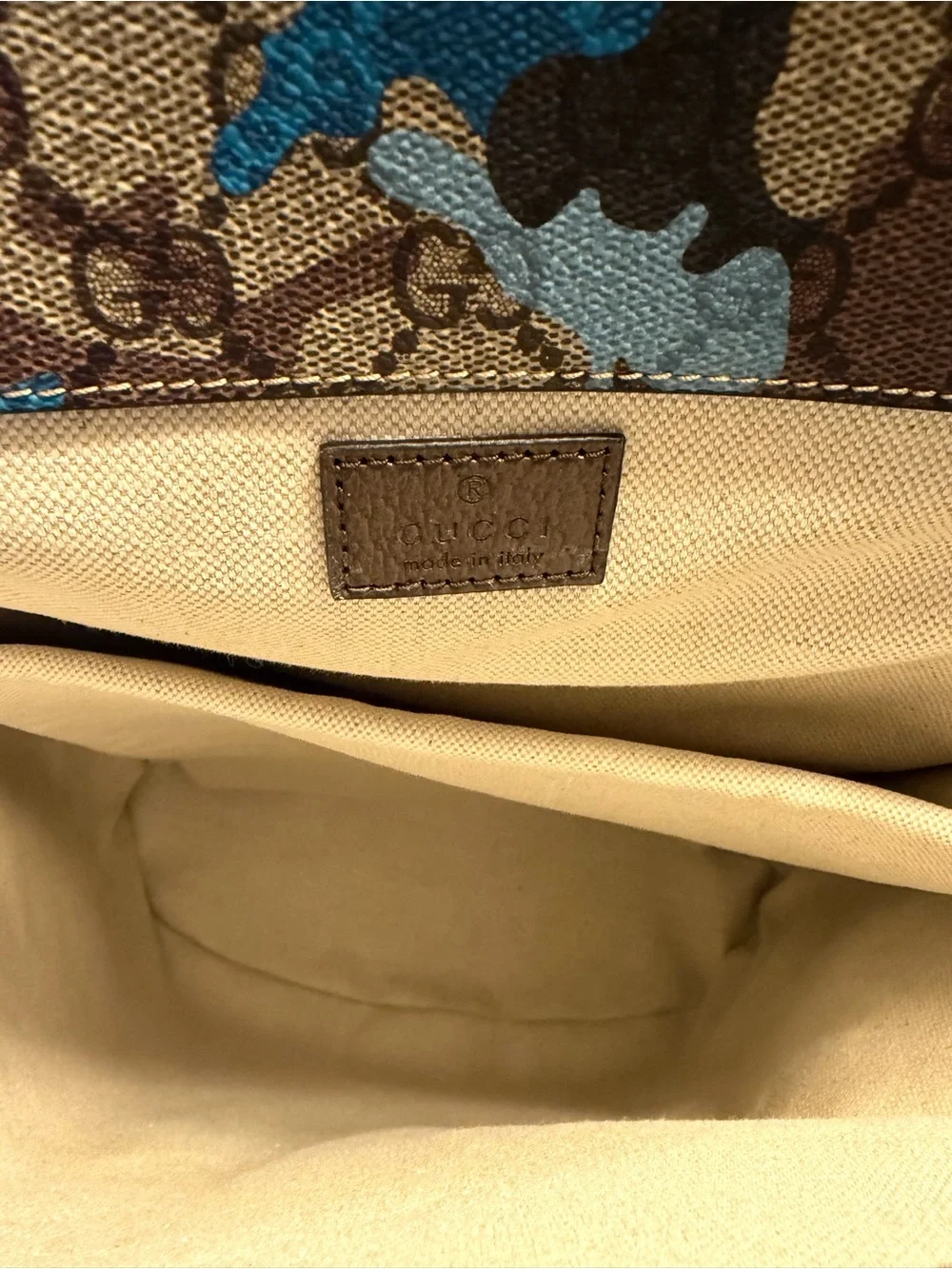 New Authentic Gucci GG Supreme Logo Blue Camo Backpack Tan Size Large